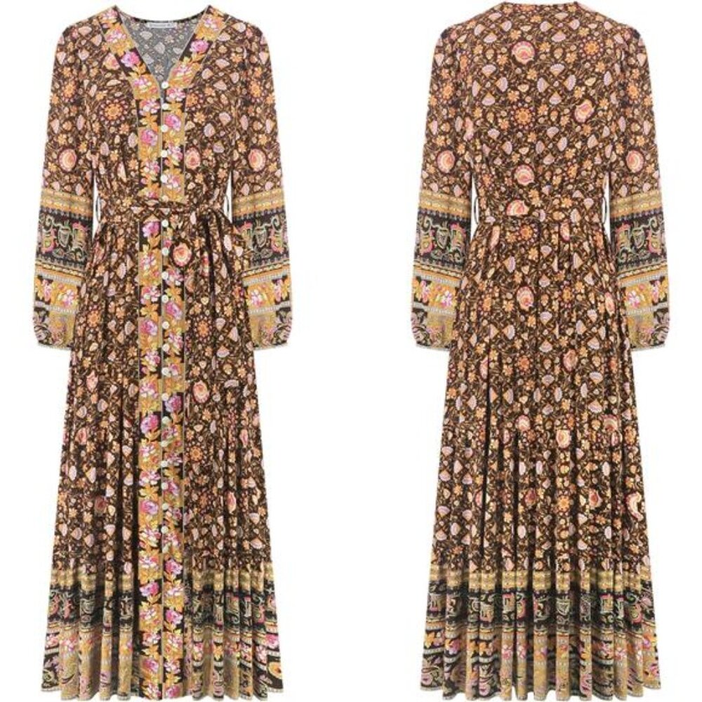 Women's Long Sleeve Boho Midi Dress V Neck Brown - Picture 1 of 6
